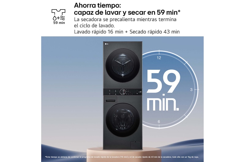 LG Torre de lavado y secado | LG WT1210BBF, Direct Drive con inteligencia artificial, Bomba de calor Dual Inverter, 12kg lavado, 10kg secado, 1400rpm, clasificación A-10/C, WT1210BBF
