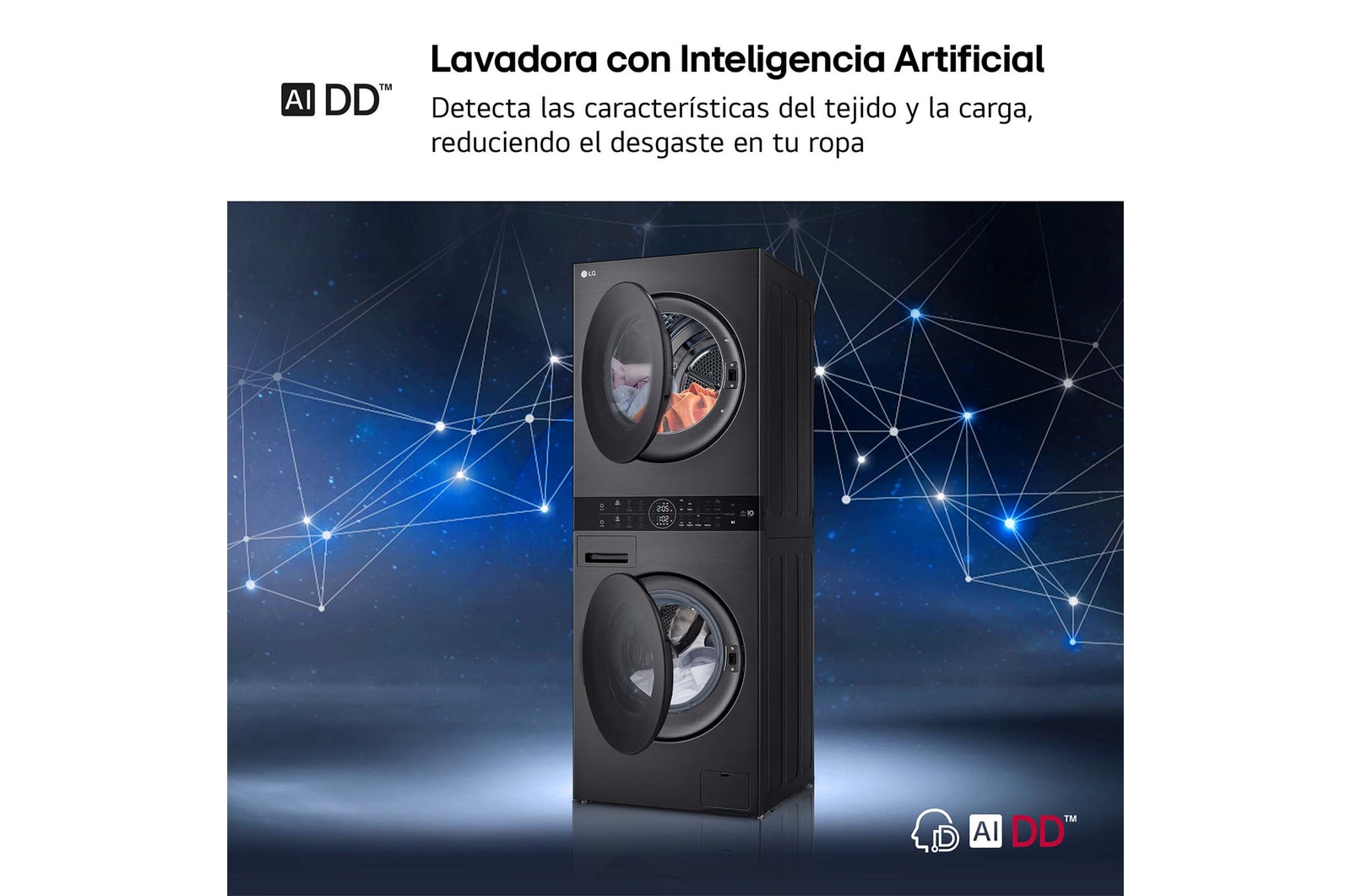LG Torre de lavado y secado | LG WT1210BBF, Direct Drive con inteligencia artificial, Bomba de calor Dual Inverter, 12kg lavado, 10kg secado, 1400rpm, clasificación A-10/C, WT1210BBF