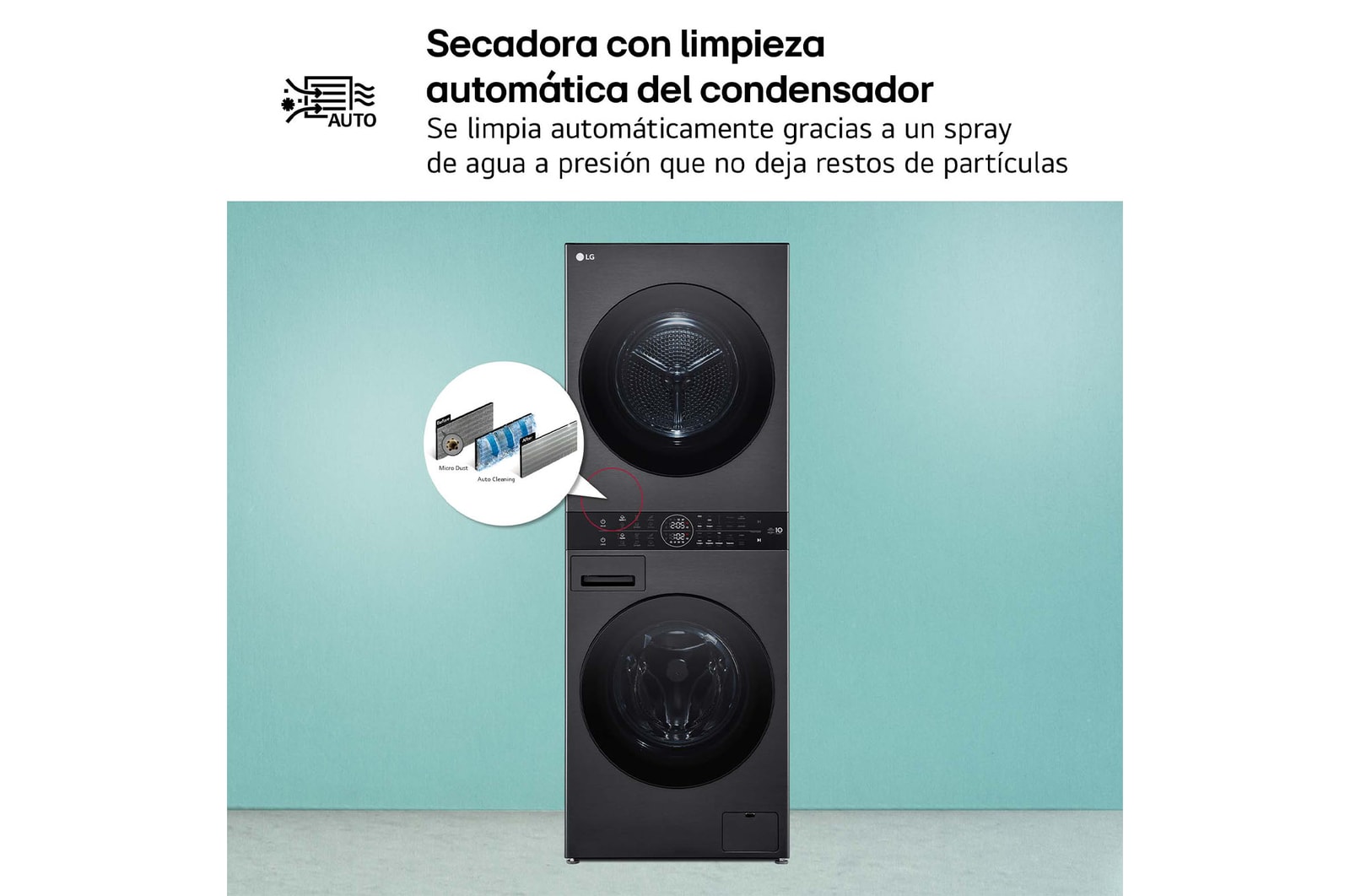 LG Torre de lavado y secado | LG WT1210BBF, Direct Drive con inteligencia artificial, Bomba de calor Dual Inverter, 12kg lavado, 10kg secado, 1400rpm, clasificación A-10/C, WT1210BBF