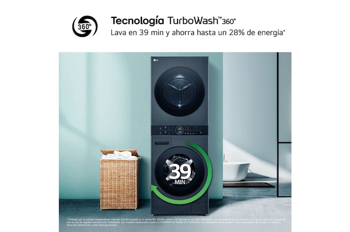 LG Torre de lavado y secado | LG WT1210BBF, Direct Drive con inteligencia artificial, Bomba de calor Dual Inverter, 12kg lavado, 10kg secado, 1400rpm, clasificación A-10/C, WT1210BBF