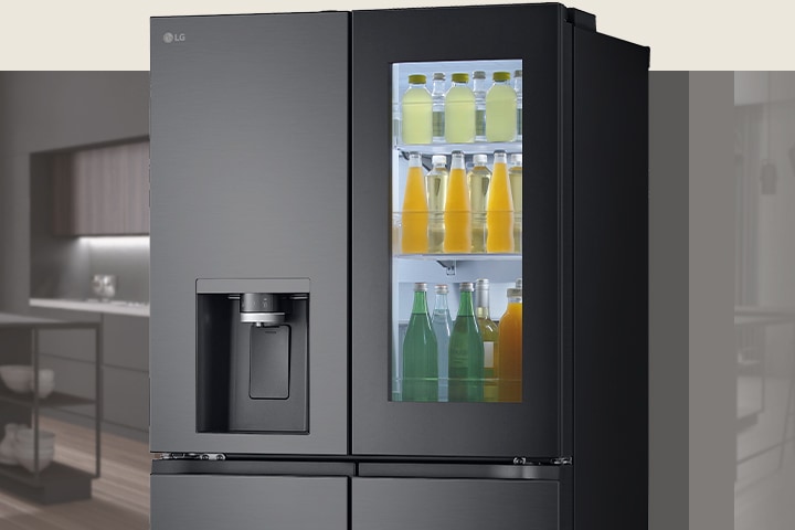 LG refrigerator water dispenser pouring water into a glass, illuminated control buttons above.