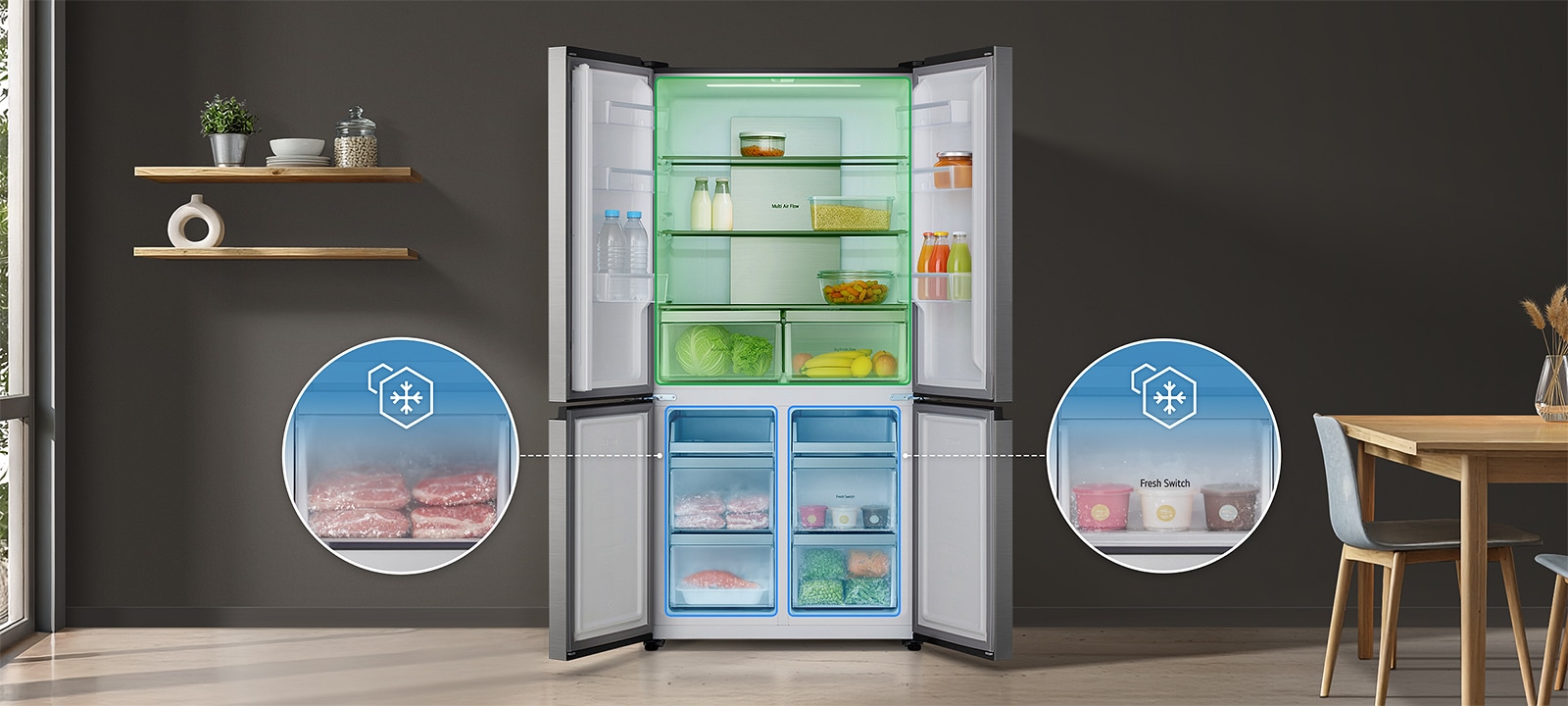 Nevera LG de varias puertas con alimentos en su interior; nevera en la parte superior, congelador en la parte inferior, claramente identificados mediante iconos y colores.