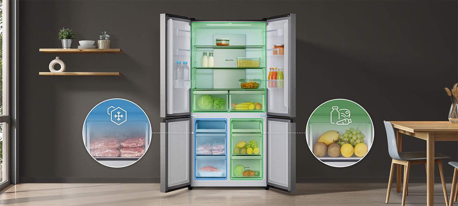 Nevera LG de varias puertas llena de alimentos; la parte superior es el frigorífico, la inferior el congelador, y la zona inferior derecha se puede convertir en frigorífico.