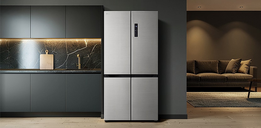 A diagonal view of the shelf with metallic paneling on the interior of the refrigerator.
