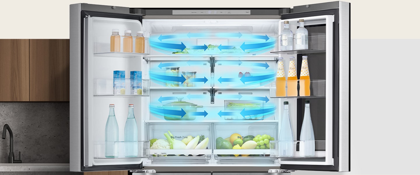 *En el interior del frigorífico lleno de ingredientes, las flechas azules, que significan frío, aparecen abajo, a ambos lados y en su totalidad.