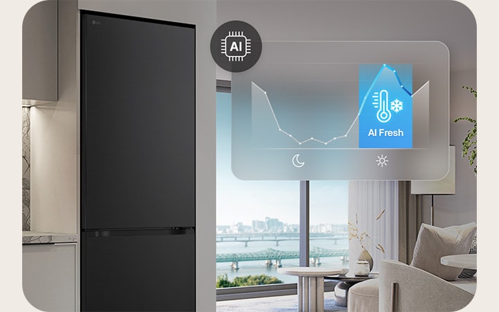Congelador inferior LG junto a armarios gris claro en una sala de estar con vistas al río, superpuesto con un gráfico y el icono AI Fresh.