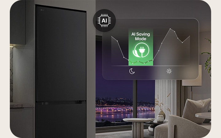 Congelador inferior LG en una sala de estar con vista nocturna de la ciudad, superpuesto con un gráfico que muestra el modo de ahorro de IA y un gráfico de energía fluctuante.