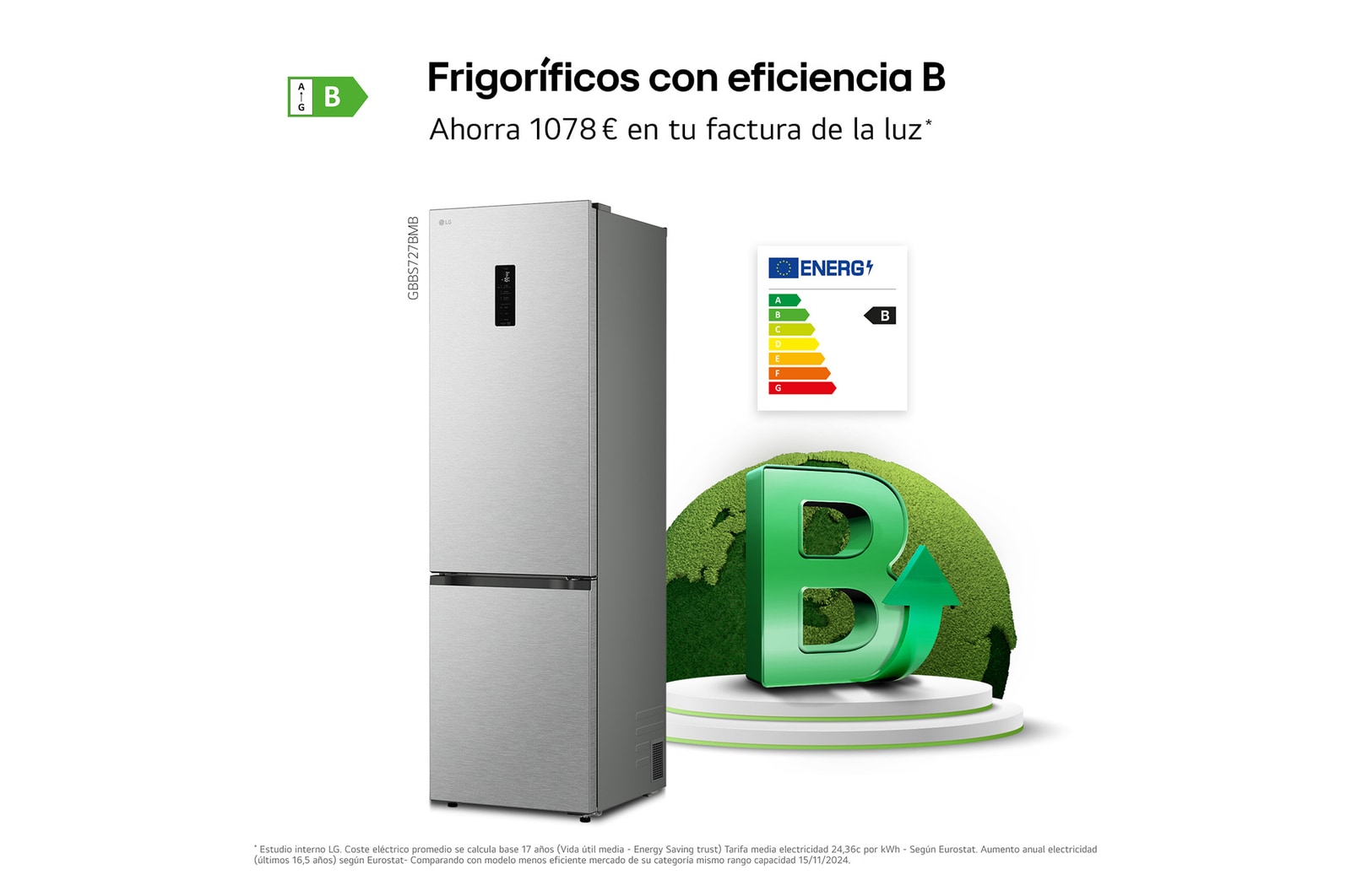 Frigorífico Combi | LG GBBS727BMB DoorCooling+,  2,03m, capacidad de 375l, Serie 700, Clasificación B, acero texturizado antihuellas