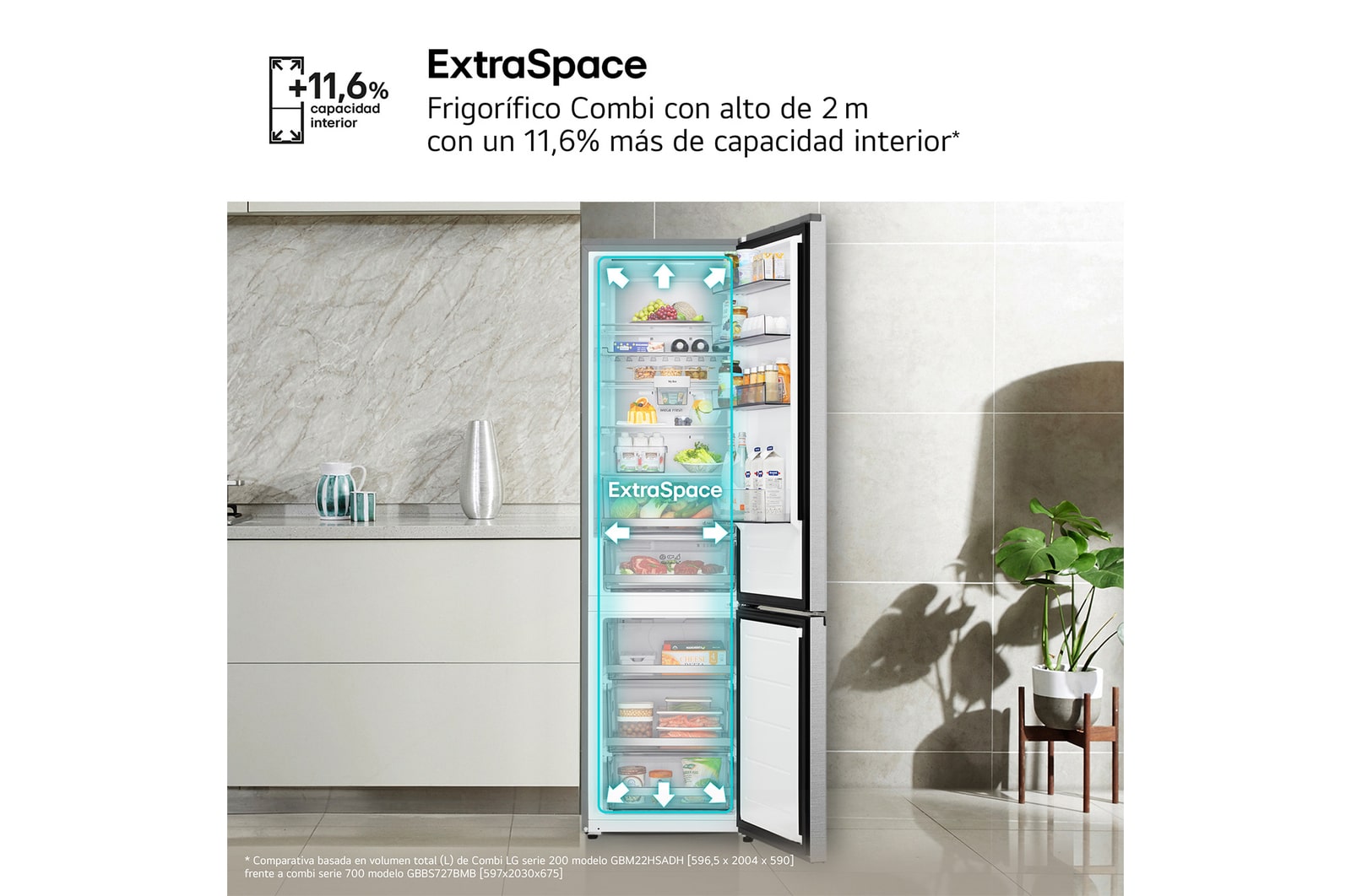 Frigorífico Combi | LG GBBS727BMB DoorCooling+,  2,03m, capacidad de 375l, Serie 700, Clasificación B, acero texturizado antihuellas