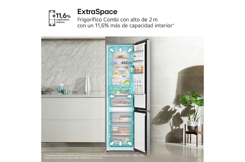 Frigorífico Combi | LG GBBS727BMB DoorCooling+,  2,03m, capacidad de 375l, Serie 700, Clasificación B, acero texturizado antihuellas