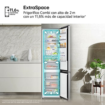 Frigorífico Combi | LG GBBS727BMB DoorCooling+,  2,03m, capacidad de 375l, Serie 700, Clasificación B, acero texturizado antihuellas