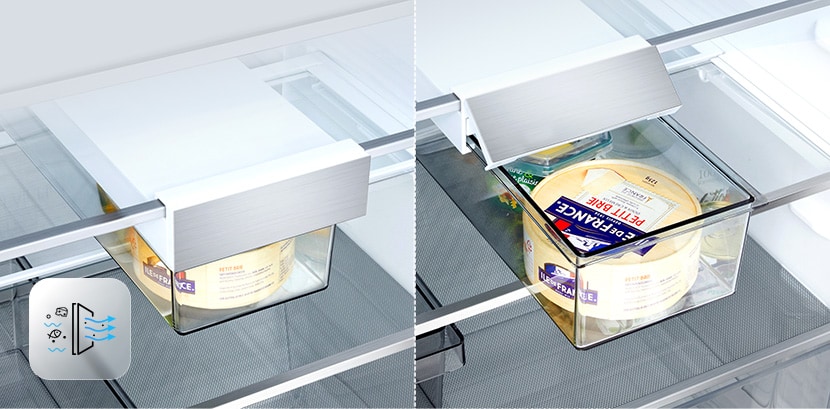 La imagen de la izquierda muestra la caja de filtro de LG cerrada con queso en su interior y un icono desodorizante en la esquina inferior izquierda. La imagen de la derecha muestra la misma caja abierta, revelando claramente el queso.