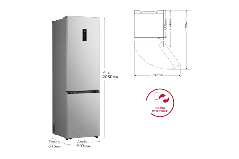 Frigorífico Combi | LG GBBS727CMB DoorCooling+, 2,03m, capacidad de 375l, Serie 700, Clasificación C Acero texturizado antihuellas