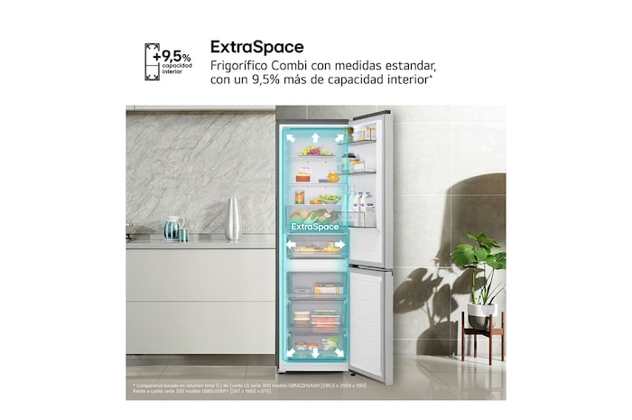LG Frigorífico Combi | LG GBBSJ10EPY DoorCooling+, 1.86m de 333l, Serie 200, Clasificación E, Inox antihuellas, GBBSJ10EPY