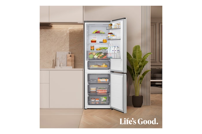 LG Frigorífico Combi | LG GBBSJ10EPY DoorCooling+, 1.86m de 333l, Serie 200, Clasificación E, Inox antihuellas, GBBSJ10EPY