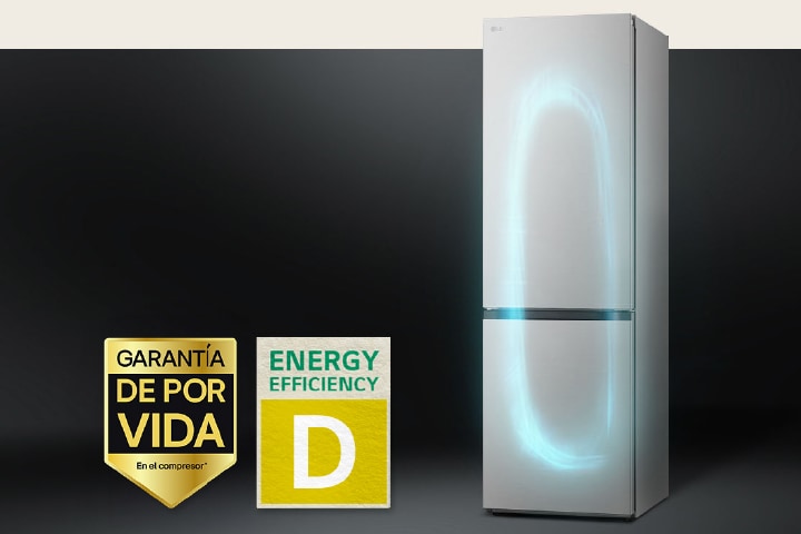 Refrigerator with efficient cooling system by smart inverter compressor and 10-year warranty label of compressor.