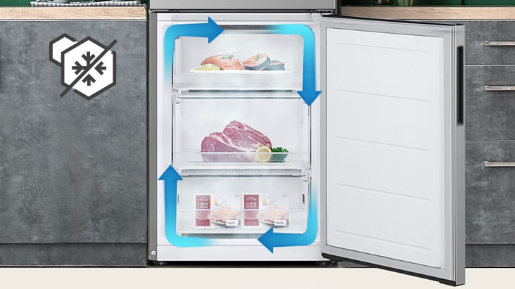 Congelador no frost con refrigeración uniforme y aire frío circulante para mantener los alimentos frescos en todos los rincones.