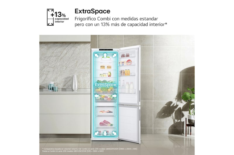 LG Frigorífico Combi | LG GBV21NCDSW, Door Cooling+, 1,86m, capacidad de 374 L, Serie 200, Clasificación D, Blanco, GBV21NCDSW