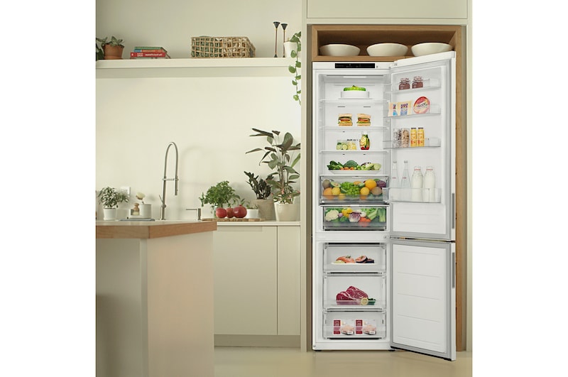 LG Frigorífico Combi | LG GBV21NCDSW, Door Cooling+, 1,86m, capacidad de 374 L, Serie 200, Clasificación D, Blanco, GBV21NCDSW