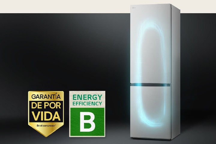 Refrigerator with efficient cooling system by smart inverter compressor and 10-year warranty label of compressor.
