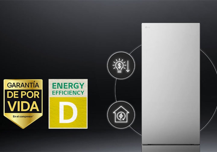 Refrigerator with efficient cooling system by smart inverter compressor and 10-year warranty label of compressor.