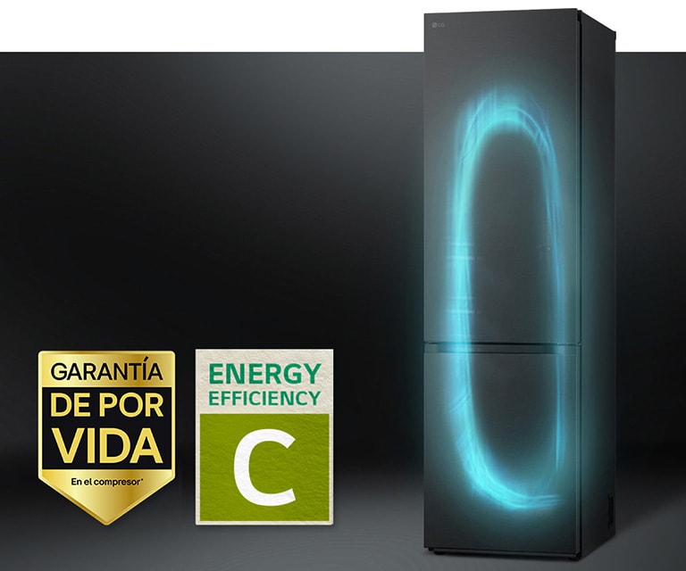 Refrigerator with efficient cooling system by smart inverter compressor and 10-year warranty label of compressor.