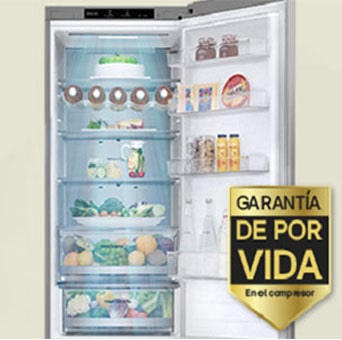 Frigorífico lleno de alimentos frescos con puerta abierta y etiqueta de garantía de por vida