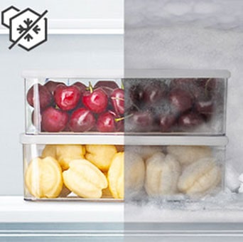 Comparación de envases de fruta congelada sin y con escarcha.