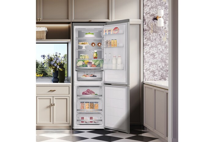 LG Frigorífico Combi Door Cooling+, 1,86m, Clasificación D, capacidad de 374l, inox antihuellas. Serie 700, GBV7170EPY