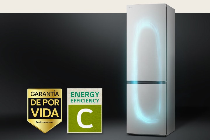 Refrigerator with efficient cooling system by smart inverter compressor and 10-year warranty label of compressor.