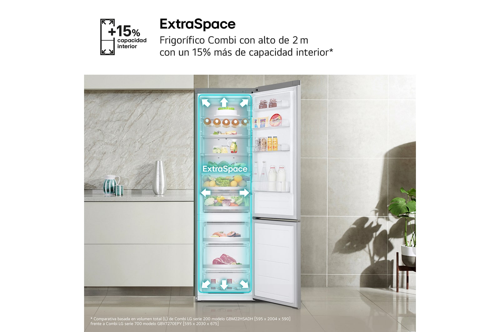 LG Frigorífico Combi | LG GBV7270EPY, Door Cooling+, 2,03m ,capacidad de  419 L, Serie 700, Clasificación Energética E, Inox Antihuellas, GBV7270EPY