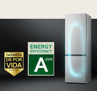 Refrigerator with efficient cooling system by smart inverter compressor and 10-year warranty label of compressor.