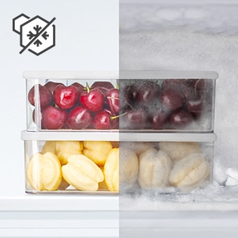 Frutas medio congeladas medio descongeladas con icono total no frost.	