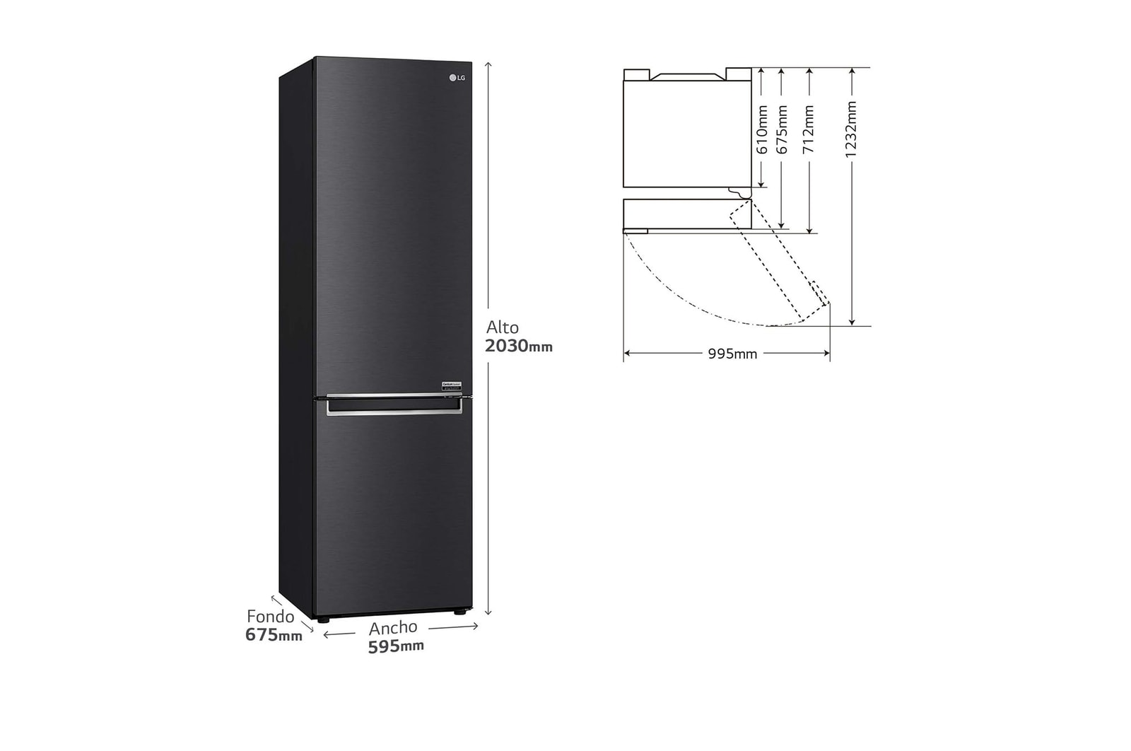 LG Frigorífico Combi 2m, Clasificación un 12% más eficiente que A, 419l, Acero Negro-grisáceo Mate, serie Centum, GBB92MCB2P