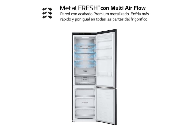 LG Frigorífico Combi 2m, Clasificación un 12% más eficiente que A, 419l, Acero Negro-grisáceo Mate, serie Centum, GBB92MCB2P