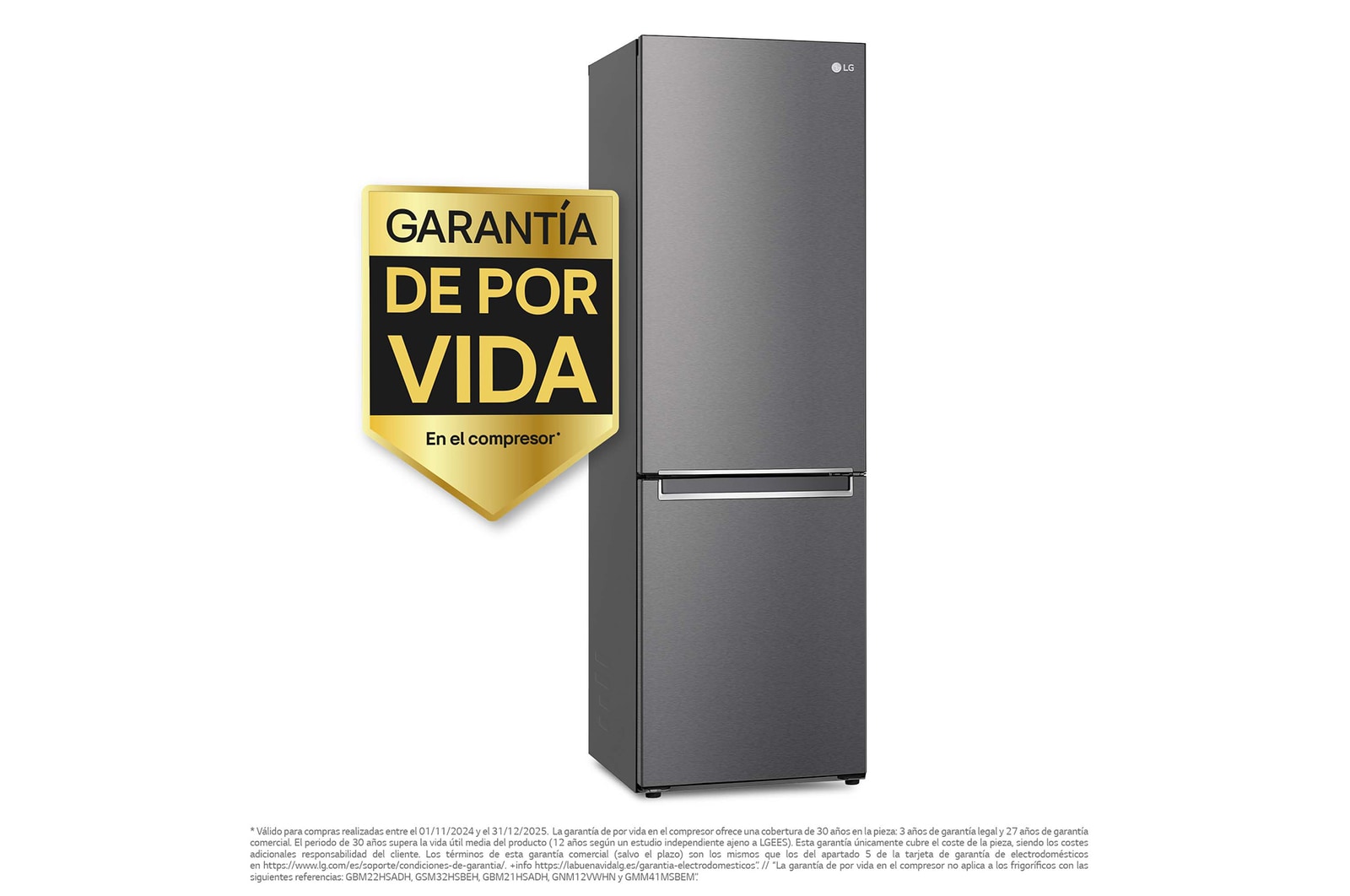 LG Frigorífico Combi, 1,86m, Clasificación E, capacidad de 374l, Inox Grafito Antihuellas, serie 3, GBP31DSLZN