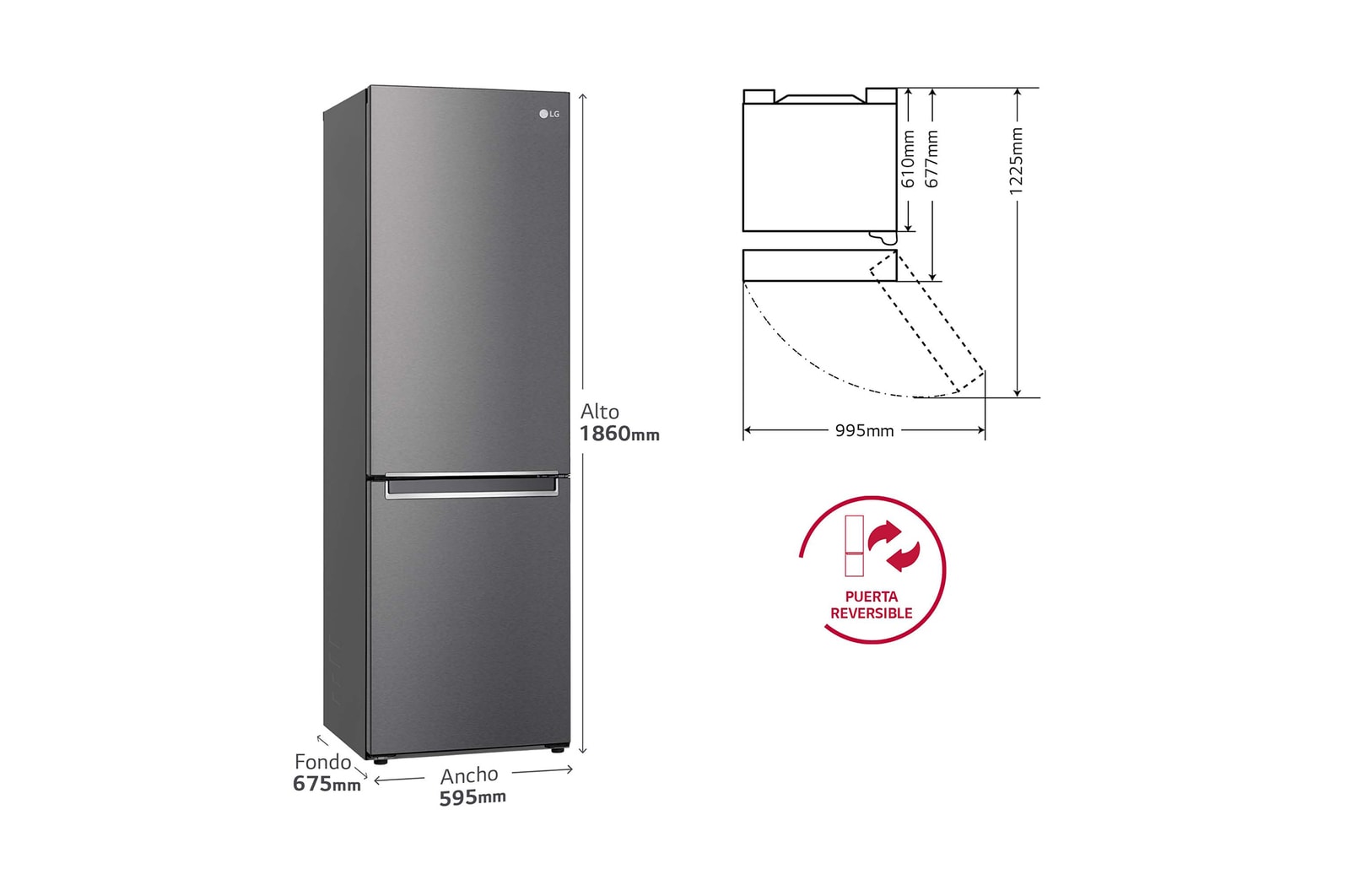 LG Frigorífico Combi, 1,86m, Clasificación E, capacidad de 374l, Inox Grafito Antihuellas, serie 3, GBP31DSLZN
