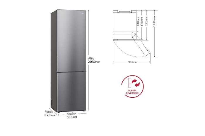 LG Frigorífico Combi Door Cooling+, 2 metros , Clasificación A, capacidad de 419L, Inox antihuellas , serie P-600, GBP62PZNAC