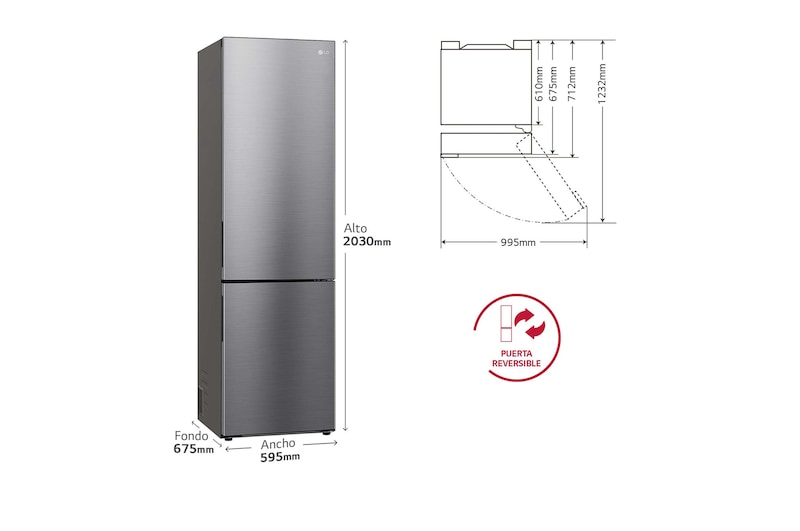 LG Frigorífico Combi Door Cooling+, 2 metros , Clasificación A, capacidad de 419L, Inox antihuellas , serie P-600, GBP62PZNAC