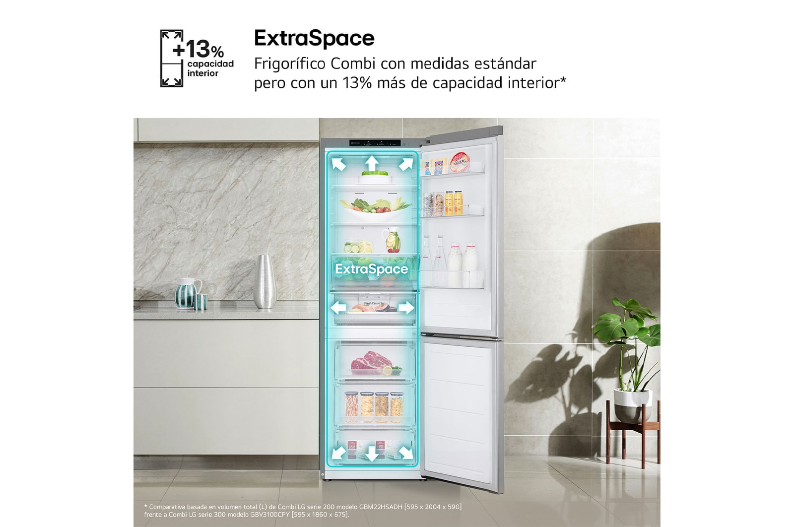 LG Frigorífico Combi Door Cooling+,  1,86m, Clasificación C, capacidad de 374l, inox antihuellas. Serie 300, GBV3100CPY vista frontal ladeada, GBV3100CPY