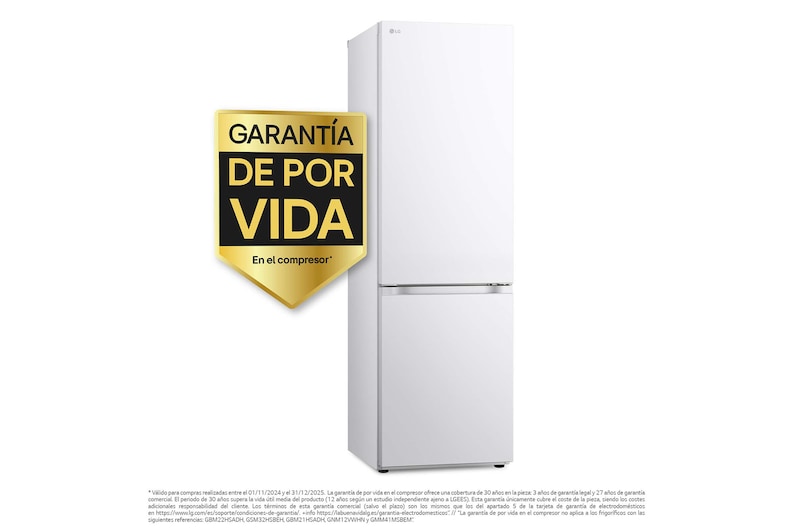 LG Frigorífico Combi Door Cooling+,  1,86m, Clasificación C, capacidad de 374l, blanco. Serie 300, GBV3100CSW vista frontal ladeada, GBV3100CSW