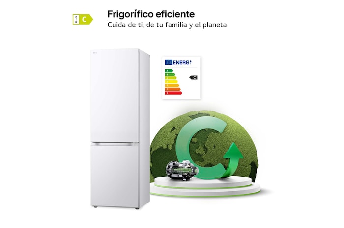 LG Frigorífico Combi Door Cooling+, 1,86m, Clasificación C, capacidad de 374l, blanco. Serie 300, GBV3100CSW vista frontal ladeada, GBV3100CSW