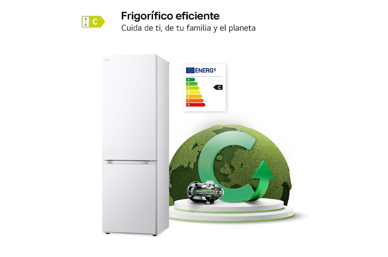 LG Frigorífico Combi Door Cooling+,  1,86m, Clasificación C, capacidad de 374l, blanco. Serie 300, GBV3100CSW vista frontal ladeada, GBV3100CSW