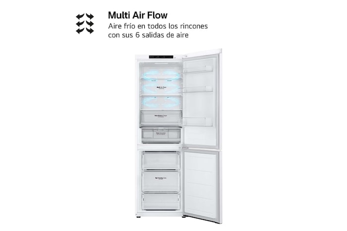 LG Frigorífico Combi Door Cooling+, 1,86m, Clasificación C, capacidad de 374l, blanco. Serie 300, GBV3100CSW vista frontal ladeada, GBV3100CSW