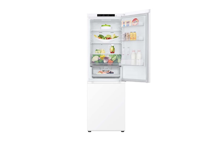 LG Frigorífico Combi Door Cooling+, 1,86m, Clasificación C, capacidad de 374l, blanco. Serie 300, GBV3100CSW vista frontal ladeada, GBV3100CSW