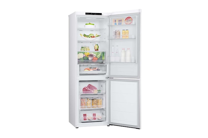 LG Frigorífico Combi Door Cooling+, 1,86m, Clasificación C, capacidad de 374l, blanco. Serie 300, GBV3100CSW vista frontal ladeada, GBV3100CSW