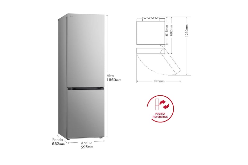 LG Frigorífico Combi Door Cooling+,  1,86m, Clasificación D, capacidad de 374l, inox antihuellas. Serie 300, GBV3100DPY