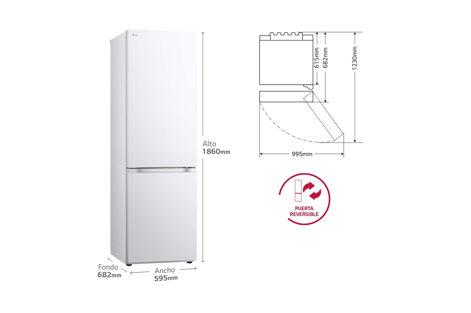 LG Frigorífico Combi Door Cooling+, 1,86m, Clasificación E, capacidad de 374l, Blanco. Serie 300, GBV3100ESW