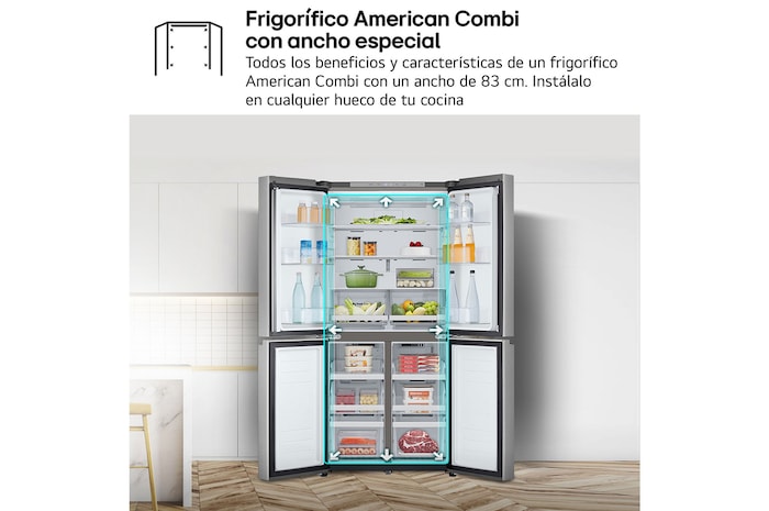 LG Frigorífico American Combi Ancho 83cm, Clasificación E, 530 L, Inox antihuellas, GMB860PYDE