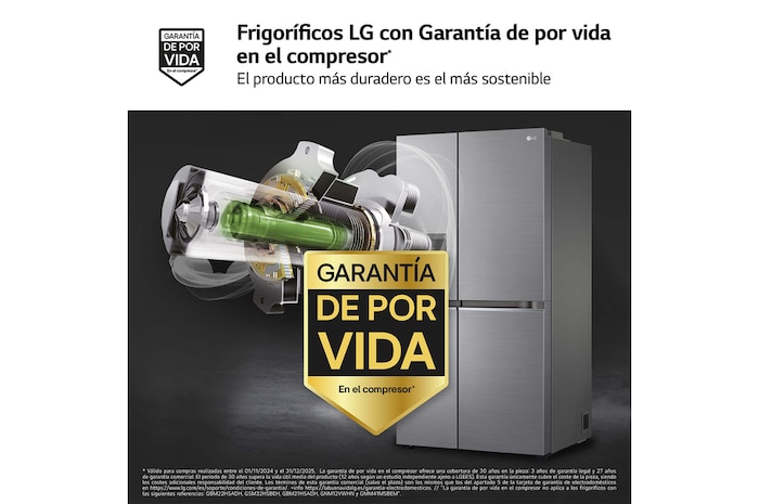 LG Frigorífico Side By side Serie 700, Inverter Linear compressor, Clasificación D, 635 L, sin toma de agua , GSLV71PZTD